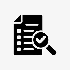 Fototapeta premium Checklist document icon with magnifying glass and check mark symbol in black silhouette 