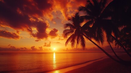 Towering palm trees silhouetted against a fiery sunset sky, casting shadows on a pristine beach, tropical elegance.