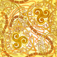 Seamless pattern ornament with ancient Celtic motifs, Celtic knot, triple spiral symbols and weaving golden chains. Background for design, fabric, mural wallpaper. Hand drawn vector illustration.