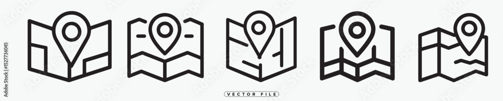 Poster set of five map icons with location pin in outline style
