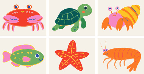Playful illustrations feature a crab, turtle, hermit crab, colorful fish, starfish, and shrimp in a bright and cheerful underwater environment, celebrating marine biodiversity.