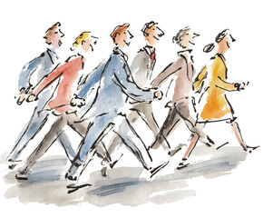 Watercolor illustration of six people walking together in a row wearing business attire on a white background isolated white background