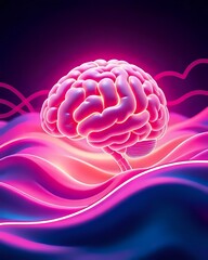 A Glowing Brain Surrounded by Smooth Waves and Neon Lines, Representing Deep Focus and Creativity, Digital Art, Suitable for Tech or Productivity Visuals