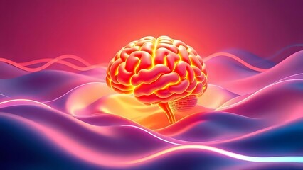 A Glowing Brain Surrounded by Smooth Waves and Neon Lines, Representing Deep Focus and Creativity, Digital Art, Suitable for Tech or Productivity Visuals