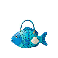 Blue leather fish-shaped handbag with seashell charm on transparent background