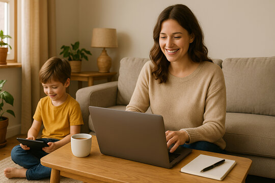 Happy mother working remotely on laptop in cozy living room, coffee and notebook on table, child playing with tablet nearby, home office and family life balance
