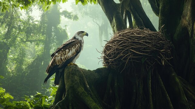 Majestic eagle perched on a jungle root, with a nest nearby, in a misty forest - Powered by Adobe