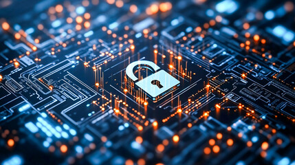 Fototapeta premium Cyber security, data protection and privacy for corporate electronic server for abstract background. Lock icon, and firewall innovation for digital safety of company database from malware or hackers