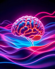 A Glowing Brain Surrounded by Smooth Waves and Neon Lines, Representing Deep Focus and Creativity, Digital Art, Suitable for Tech or Productivity Visuals