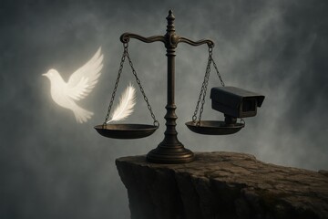 Balancing Justice versus Security on the Edge of a Cliff, Feather and Peace Dove against Surveillance Camera
