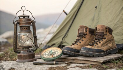 Vintage engraved mountain camping set with lantern, tent, compass, and hiking boot                   