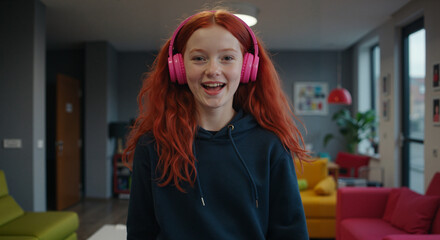 Young girl smiling while wearing pink headphones in colorful living room  