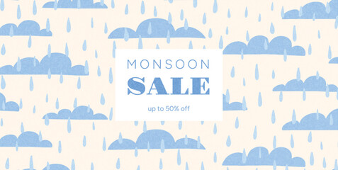 Seamless Pattern of Blue Clouds and Raindrops with Central Monsoon Sale Text. Hand Drawn Flat Vector Illustration for Rainy Season Promotion Poster, Banner, Wrapping or Background Design.