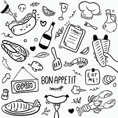 Fish, sausages, doodle set of elements for cooking for restaurant menus and cooking