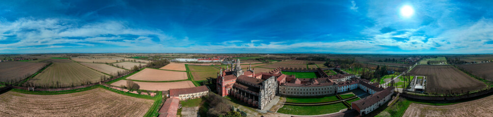 Aerial view of the Certosa di Pavia, built in the late fourteenth century, courts and the cloister of the monastery and shrine in the province of Pavia, Lombardia, Italy