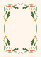 Vertical Frame with Hand Drawn Floral Border. Spring Botanical Elements with Green Leaves and Orange Flowers. Naive Vector Illustration Design for Card, Invitation, Poster, Certificate