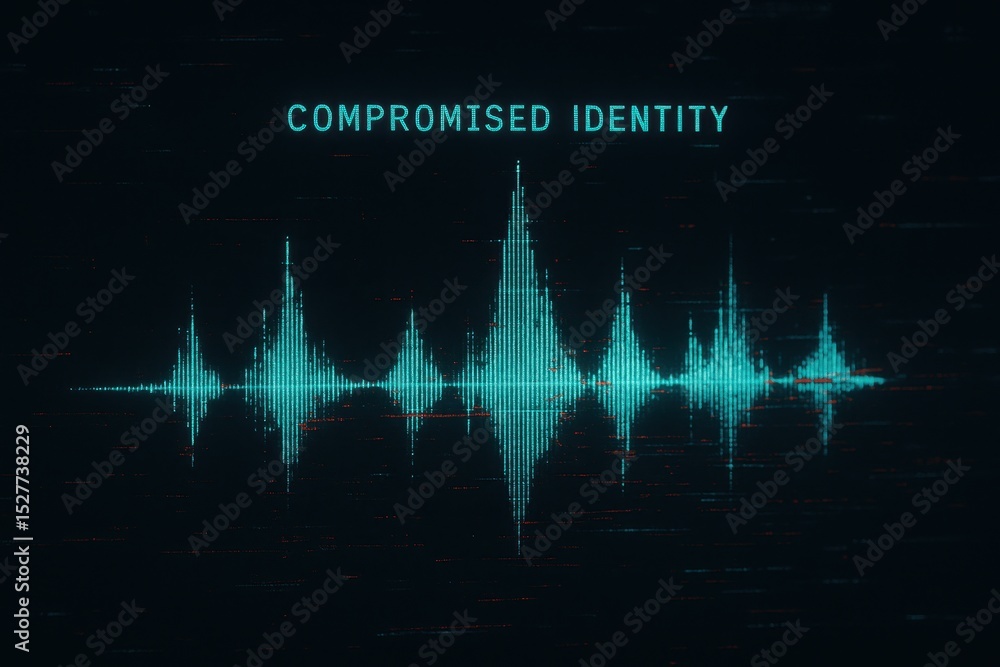 Poster compromised identity representation with audio waveform showing voice manipulation and potential dee