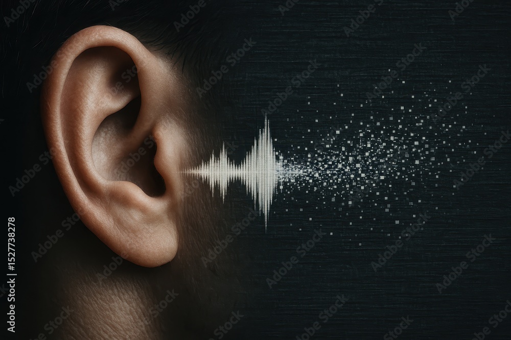 Poster human ear receives digital sound wave converting into data points, illustrating deepfake voice techn