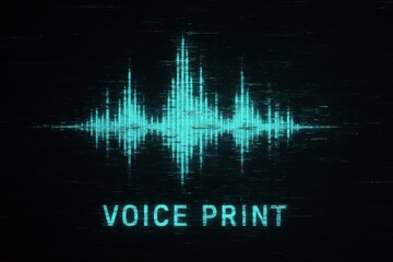 Voice deepfake technology illustration showing aqua waveform and the words voice print against a dark background