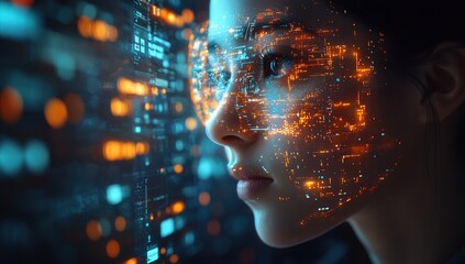 Futuristic woman with digital face overlay (1)