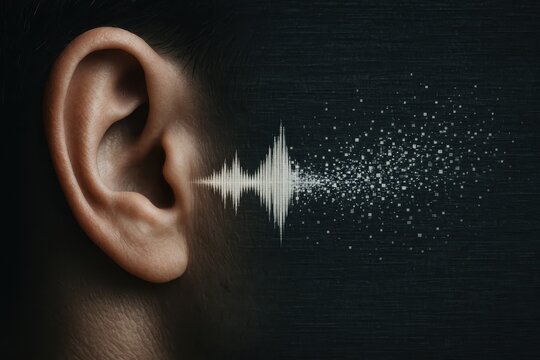 Human ear receives digital sound wave converting into data points, illustrating deepfake voice technology concept