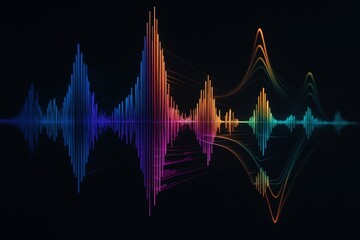 Colorful voice frequency diagram reflecting on black surface represents sound wave data analysis and deepfake technologies