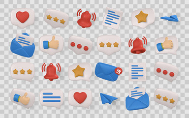 3D Chat and Message Icons Pack – Speech Bubbles with Heart, Stars, Notification Bell, Email, Paper Plane and Thumbs Up. Perfect for UI/UX and Social Media. Vector Illustration
