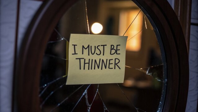 Losing weight is an unhealthy and dangerous concept. Sticky note on a cracked mirror expresses a desire for weight loss.