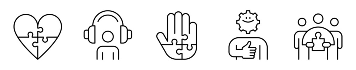 Conjunto de iconos de autismo. Corazón empático, hipersensibilidad auditiva, inclusión solidaria, mente positiva, apoyo social. Ilustración vectorial