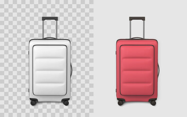 Travel Suitcase Icon With Retractable Handle in White and Red Colors. Modern 3D Luggage Design for Holiday or Business Trip Concepts. Clean Realistic Look. Vector Illustration