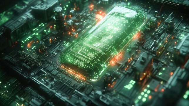 Futuristic phone embedded in intricate circuit board