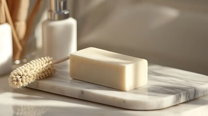 Minimalist bathroom scene featuring a bar of soap, brush, and lotion bottle