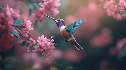 A hummingbird hovers amidst vibrant pink blossoms
