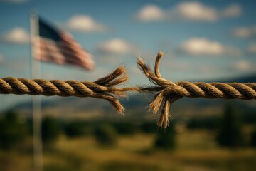 Broken rope symbolizes division and conflict with the American flag waving in the background outdoors