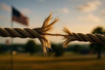 Torn rope symbolizes the threat of Civil War in the United States, with the American flag in the background, indicating national division