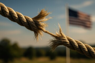 Torn rope with the American Flag waving in the background representing political division and the threat of Civil War