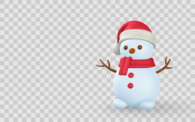 Cute Snowman in Santa Hat and Red Scarf on Transparent Background. Perfect for Christmas, Winter Holidays, and Festive Designs. Cheerful and Whimsical. Vector Illustration