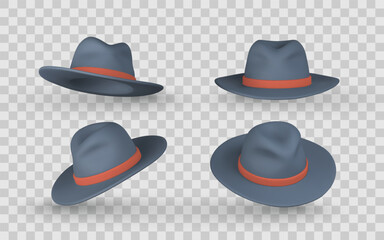 Fedora Hat Clipart Set with Red Band in Different Angles on Transparent Background. Realistic 3D Style for Fashion, Costume, or Accessory Concepts. Vector Illustration