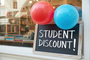student discount promo chalk board in front of store. Back to school sale