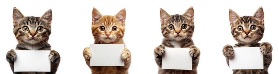 Collection of cute cats holding blank signs, isolated on a transparent background
