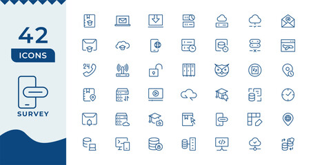 Survey icon set. Containing feedback, opinions, questionnaires, polls, research, and more.