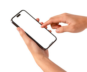 Close-up of hand using modern smartphone with blank screen isolated.
