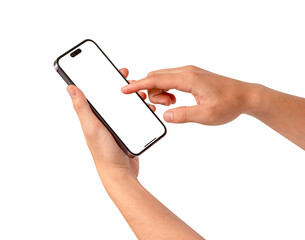 Close-up of hand using modern smartphone with blank screen isolated.
