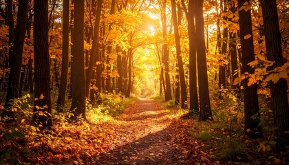 Obraz premium Amber-toned forest during golden hour, leaves glowing warmly to convey nostalgic comfort, path fading into gentle dusk 