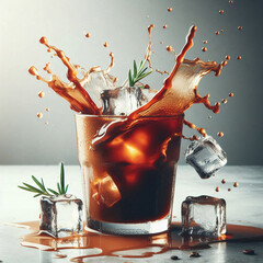 Glass of cola with ice cubes splashing and rosemary sprigs on a reflective surface, beverage concept.
