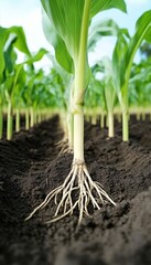 Close-up of Maturing Maize Corn Stalk Revealing Roots and Underground Growth in Lush Soil