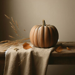 Orange pumpkin on beige cloth on wooden table with dried leaves and grass, autumn harvest concept.