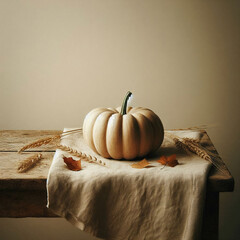 White pumpkin on beige cloth on wooden table with dried wheat and autumn leaves, autumn harvest concept.