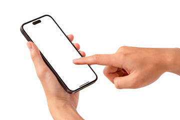 Close-up of hand using modern smartphone with blank screen isolated.