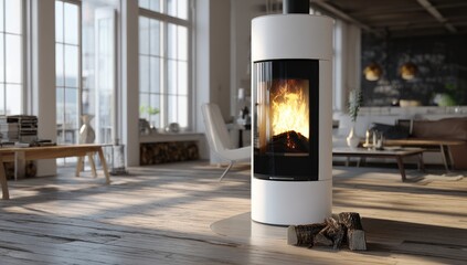 Modern white stove in bright loft